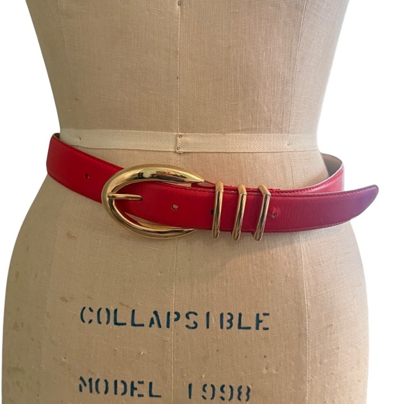 Liz Claiborne Accessories - Liz Claiborne Red Full Grain Leather Belt Gold Buckle Triple Keeper 80s /90s